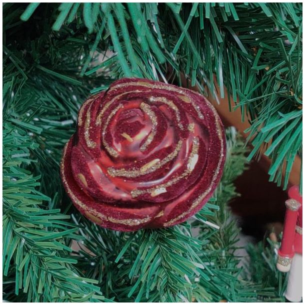 Julekugle - ornament som en rose/blomst med clips - blush r�d