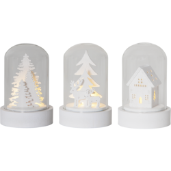 LED glaskupler med hvide tr�figurer af rensdyr, huse og juletr�er.