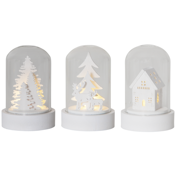 LED glaskupler med hvide tr�figurer af rensdyr, huse og juletr�er.