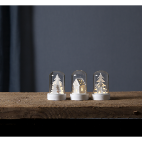 Tre sm� LED glaskupler med hvide tr�figurer af rensdyr, huse og juletr�er.  Interne s�geord: