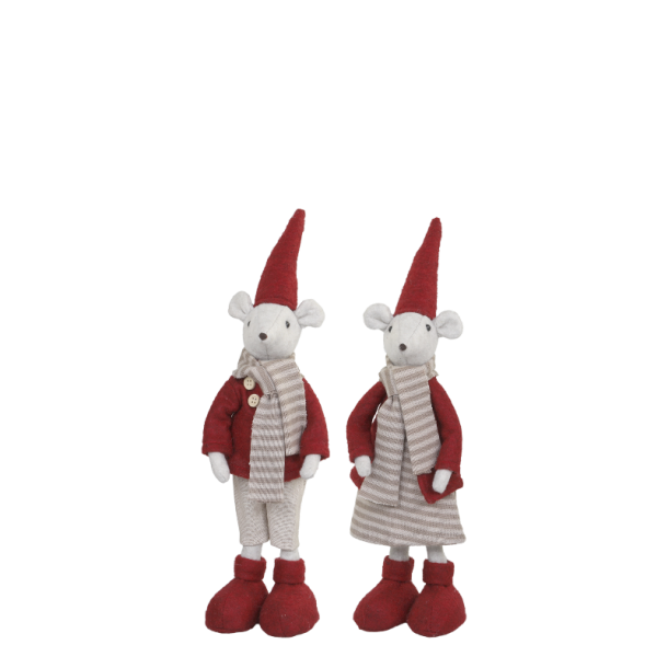 Firkantet fritlagt produktbillede af to st�ende julemus i r�d og gr� polyester p� 32 cm p� hvid baggrund.
