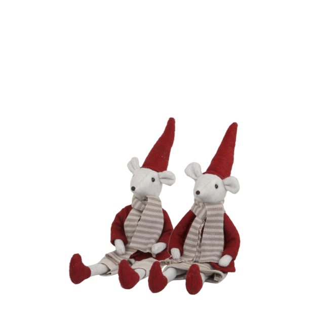 Firkantet fritlagt produktbillede af to siddende julemus i r�d polyester p� 32 cm p� hvid baggrund.