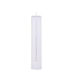 Fritlagt produktbillede af et antik hvidt kalenderlys p� 25 cm med tal fra 1 til 24 i guldprint p� hvid baggrund.