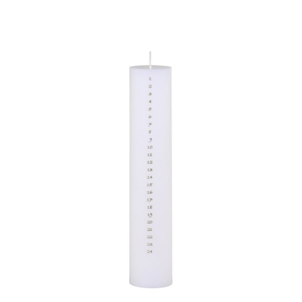 Fritlagt produktbillede af et antik hvidt kalenderlys p� 25 cm med tal fra 1 til 24 i guldprint p� hvid baggrund.