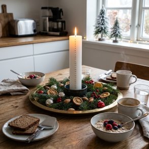 Stemningsfuldt firkantet milj�billede af det t�ndte kalenderlys i en juledekoration med grangrene p� et spisebord i tr� sammen med morgenmad.