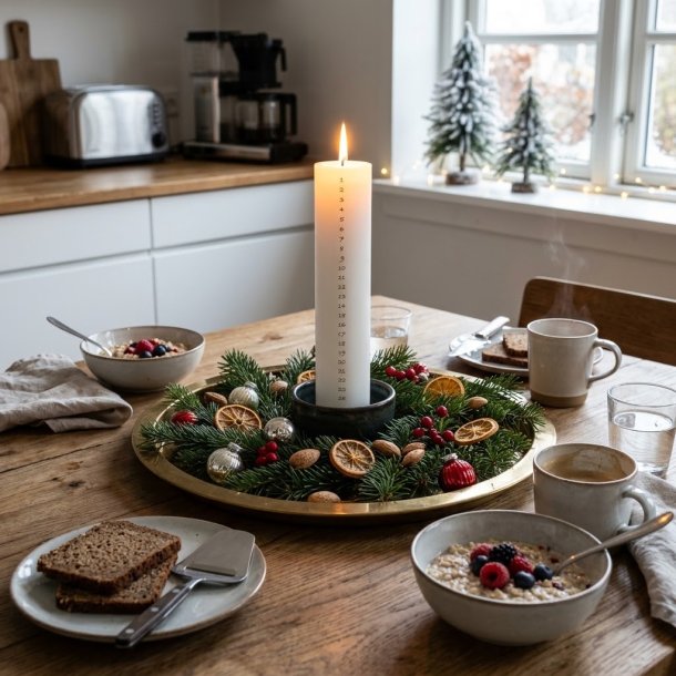 Stemningsfuldt firkantet milj�billede af det t�ndte kalenderlys i en juledekoration med grangrene p� et spisebord i tr� sammen med morgenmad.