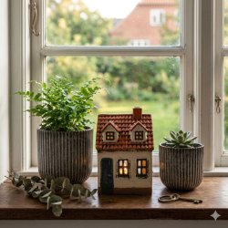 Et keramikhus i beige og teglr�d med lys i vinduerne, placeret i en vindueskarm mellem to rillede keramikurtepotter (H14 cm og H11 cm) med gr�nne planter. Ved siden af urtepotterne ligger en eukalyptusgren og en messingn�gle. Baggrunden viser et hvidt sprossevindue med udsigt til en gr�n have.