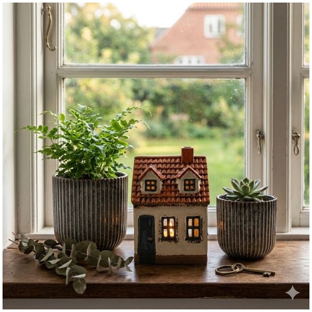 Et keramikhus i beige og teglr�d med lys i vinduerne, placeret i en vindueskarm mellem to rillede keramikurtepotter (H14 cm og H11 cm) med gr�nne planter. Ved siden af urtepotterne ligger en eukalyptusgren og en messingn�gle. Baggrunden viser et hvidt sprossevindue med udsigt til en gr�n have.