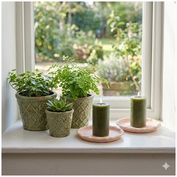 Et harmonisk 1:1 milj�billede i en bred, hvid vindueskarm med et flot lysindfald. Til venstre st�r tre gr�nne keramikurtepotter i tre forskellige st�rrelser (stor H16 cm, mellem H13 cm og lille H10,5 cm) med et fint, rustikt m�nster og krakeleret glasering. Urtepotterne er tilplantet med gr�nne planter, herunder en sukkulent og en efeu, og st�r smukt ved siden af to t�ndte, gr�nne LED-bloklys p� sm� rosa lysfade.