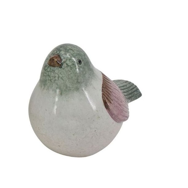 En keramikfugl med rosa striber p� vingerne og gr�nt hoved, der kigger lige frem. St�rrelse: H14 / L19 cm.