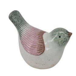 En keramikfugl med rosa striber p� vingerne og gr�nt hoved, der har hovedet let drejet. St�rrelse: H14 / L19 cm.