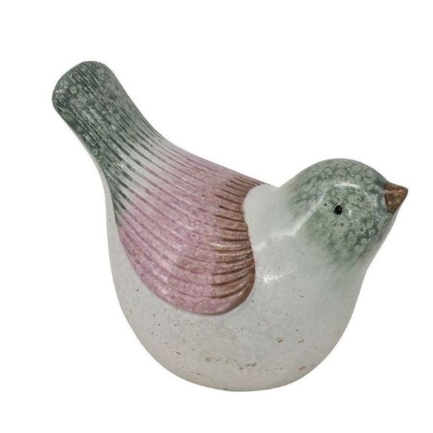 En keramikfugl med rosa striber p� vingerne og gr�nt hoved, der har hovedet let drejet. St�rrelse: H14 / L19 cm.