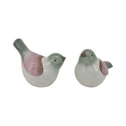 dekorativ keramikfugle med karakteristiske rosa og gr�nne striber p� en hvid base. Fuglene er frostsikker til -10 grader og m�ler H14/L19 cm.