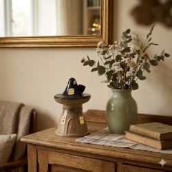 Hyggeligt milj�billede af det sort og beige For�rs Skovhus placeret p� en rustik tr�sk�nk. Huset er oplyst indefra med et varmt lys i vinduerne og st�r ved siden af en gr�n keramikvase med t�rrede hvide blomster og eukalyptusgrene. I baggrunden ses et spejl med guldramme som reflekterer et bl�dt lys og skaber en varm atmosf�re i stuen.