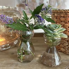 To klare glasvaser i forskellig st�rrelse og form, opstillet smukt p� et bord og brugt til henholdsvis en hyacint og et fyrfadslys.