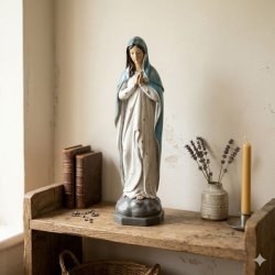 La Vida Madonna-figur i hvid kjole og bl� kappe, h�jde 36 cm.