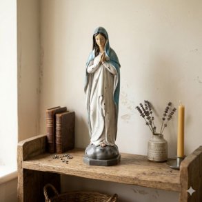 La Vida Madonna-figur i hvid kjole og bl� kappe, h�jde 36 cm.
