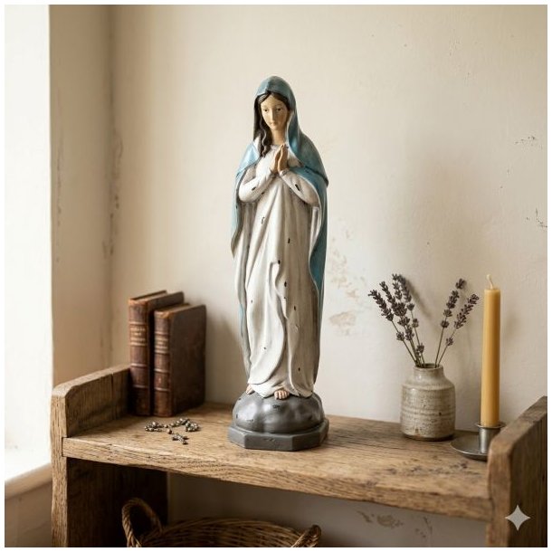 La Vida Madonna-figur i hvid kjole og bl� kappe, h�jde 36 cm.