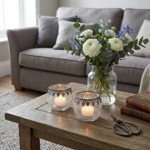 Stemningsfuldt milj�billede p� et sofabord med 2 runde krakelerede glassk�lsfyrfadsstager med m�nstret s�lvkant og t�ndte lys, anrettet ved siden af en vase