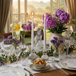 Elegant bordd�kning med klare krystal lysestager, hvide stagelys og blomster