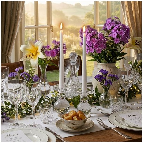 Elegant bordd�kning med klare krystal lysestager, hvide stagelys og blomster