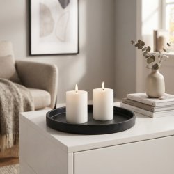 Stemningsfuldt firkantet milj�billede af de hvide LED-bloklys med t�ndte real flammer, placeret p� en sort rund bakke p� en hvid sk�nk i en hyggelig stue.