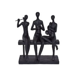 La Vida skulptur i antik sort polyresin af tre musikere p� en b�nk, der spiller violin, guitar og harmonika.