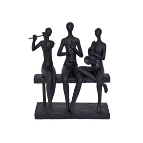 La Vida skulptur i antik sort polyresin af tre musikere p� en b�nk, der spiller violin, guitar og harmonika.