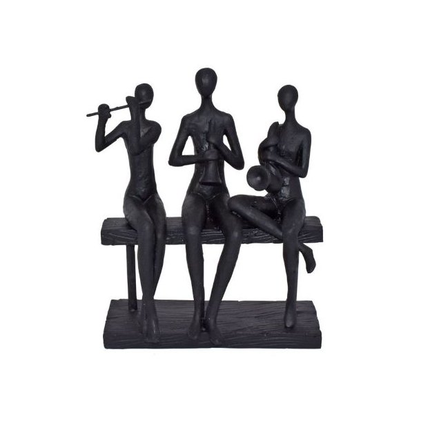 La Vida skulptur i antik sort polyresin af tre musikere p� en b�nk, der spiller violin, guitar og harmonika.