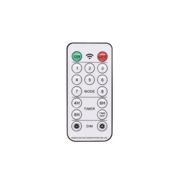 Lille s�lvfarvet fjernbetjening fra La Vida til styring af LED-julestjerner og timer-funktion.