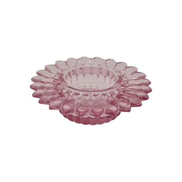 Lav og bred rosa fyrfadsstage i m�nstret glas formet som en sol eller blomst fritlagt p� hvid baggrund.