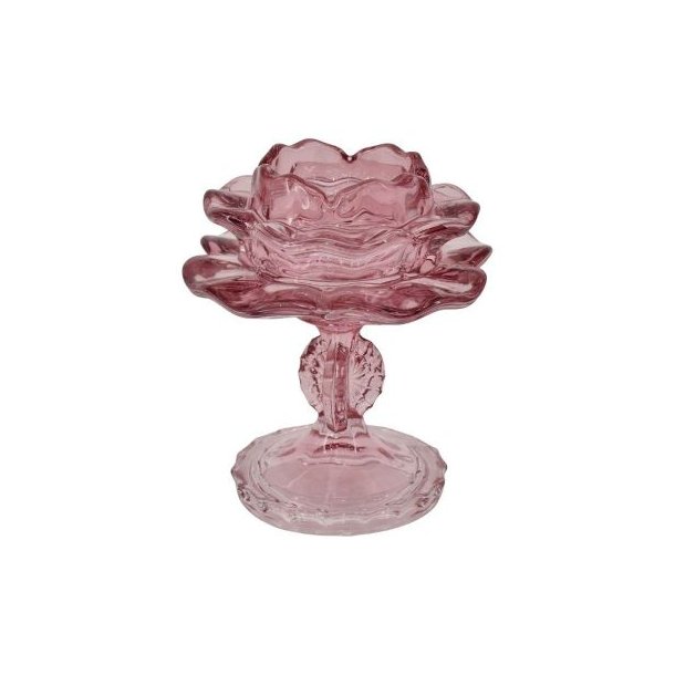 Rosa fyrfadsstage p� stilk og foot formet som en �ben rose i farvet glas fritlagt p� hvid baggrund.