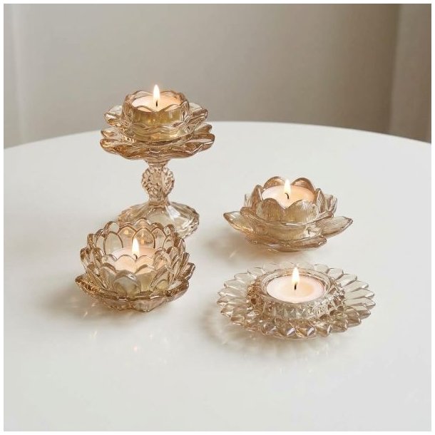 Fire champagnefarvede fyrfadsstager i m�nstret glas fra La Vida med t�ndte lys opstillet p� et hvidt bord.