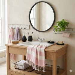 Et luksuri�st hamam badeh�ndkl�de i pink og hvide striber med frynser fra La Vida ligger dekorativt hen over et lyst tr�m�bel p� et badev�relse.
