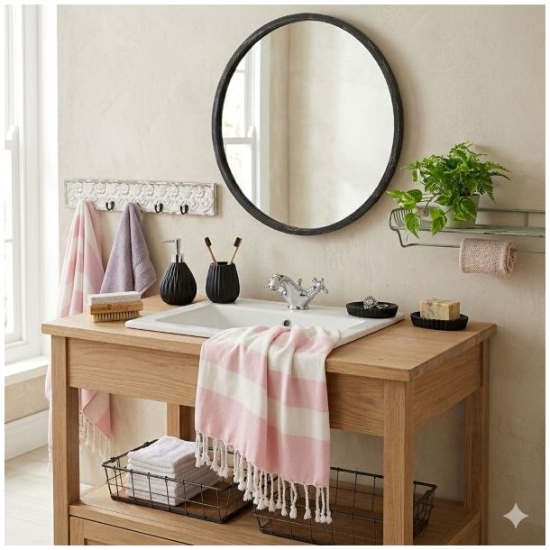 Et luksuri�st hamam badeh�ndkl�de i pink og hvide striber med frynser fra La Vida ligger dekorativt hen over et lyst tr�m�bel p� et badev�relse.