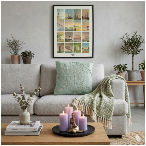 En kvadratisk mintgr�n pude med elegant geometrisk broderi er centralt placeret i en lys beige sofa Puden er hovedfokus i dette boligmagasin-milj� og er stylet med en matchende plaid og et Vissevasse billede hvilket skaber en rolig og luksuri�s nordisk stil