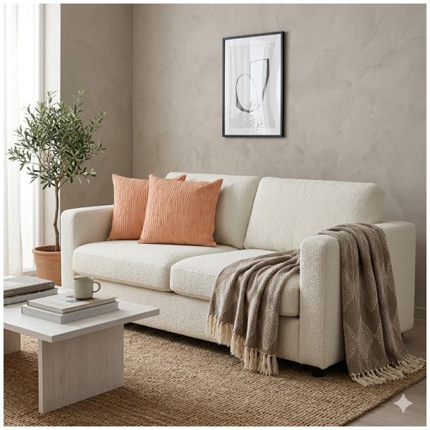 la-vida-stuemiljoe-boucle-sofa-puder-plaid Et lyst og moderne stuemilj�, hvor en bl�d, m�nstret plaid i st�vede brune og beige nuancer med lange frynser ligger hen over arml�net p� en hvid boucl�sofa. P� sofaen ses to matchende ferskenfarvede pyntepuder med struktur, og i baggrunden anes et lille oliventr� samt en enkel plakat p� den r�, lysegr� v�g.