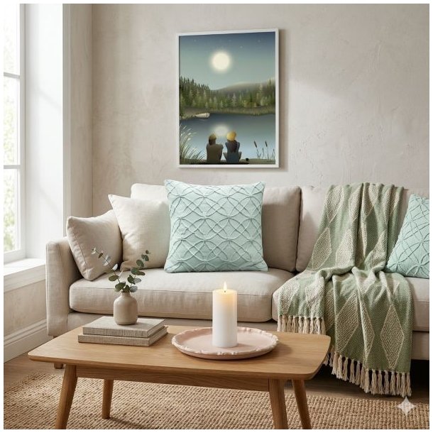 Et kvadratisk livsstilsbillede af en hyggelig stueindretning med en beige sofa, hvor en luksuri�s gr�n plaid med bladm�nster og frynser fra La Vida er draperet elegant over arml�net. I sofaen ligger ogs� en mintgr�n tekstureret pude. P� v�ggen h�nger et Vissevasse-billede. Plaiden er en central del af stylingen, der skaber en varm og indbydende stemning i den nordiske indretning. Alt-teksten beskriver plaidens udseende og placering.