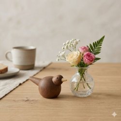 Et kvadratisk livsstilsbillede af den lille m�rke tr�fugl i sapele mahogni fra La Vida. Fuglen som er fem centimeter h�j og ni centimeter lang st�r p� et lyst egetr�sbord ved siden af en lille klar krakeleret vase med lyser�de roser. I baggrunden ses en kaffekop og en tallerken i bl�dt fokus som understreger figurens lille st�rrelse.