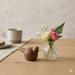 Et kvadratisk livsstilsbillede af den lille m�rke tr�fugl i sapele mahogni fra La Vida. Fuglen som er fem centimeter h�j og ni centimeter lang st�r p� et lyst egetr�sbord ved siden af en lille klar krakeleret vase med lyser�de roser. I baggrunden ses en kaffekop og en tallerken i bl�dt fokus som understreger figurens lille st�rrelse.