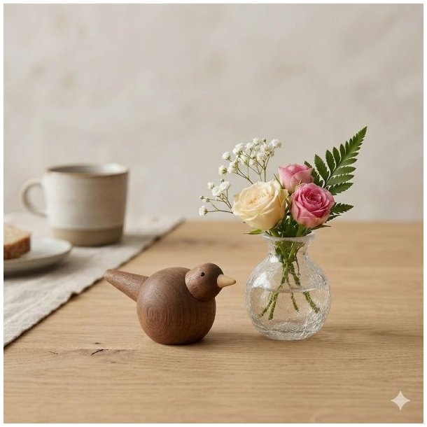 Et kvadratisk livsstilsbillede af den lille m�rke tr�fugl i sapele mahogni fra La Vida. Fuglen som er fem centimeter h�j og ni centimeter lang st�r p� et lyst egetr�sbord ved siden af en lille klar krakeleret vase med lyser�de roser. I baggrunden ses en kaffekop og en tallerken i bl�dt fokus som understreger figurens lille st�rrelse.