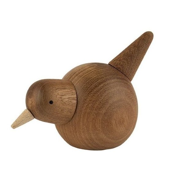 Et produktbillede p� hvid baggrund af den store m�rke tr�fugl i mahogni fra La Vida. Fuglen m�ler syv centimeter i h�jden og tolv centimeter i l�ngden og er udf�rt i m�rkt tr� med et lyst n�b der peger nedad. Kroppen har en rund form med synlige �rer i tr�et og et lille sort �je.