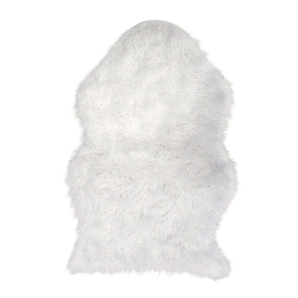 Et hvidt imiteret lammeskind i st�rrelsen 60x90 cm med en bl�d og t�t luv, vist p� en neutral baggrund.
