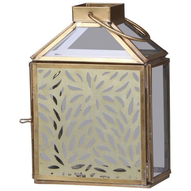 En fritlagt lanterne i messing med dekorative blomstermotiver og glaspaneler vist i 1:1 format mod en hvid baggrund. Lanternen har et slankt design og m�ler H17 cm.
