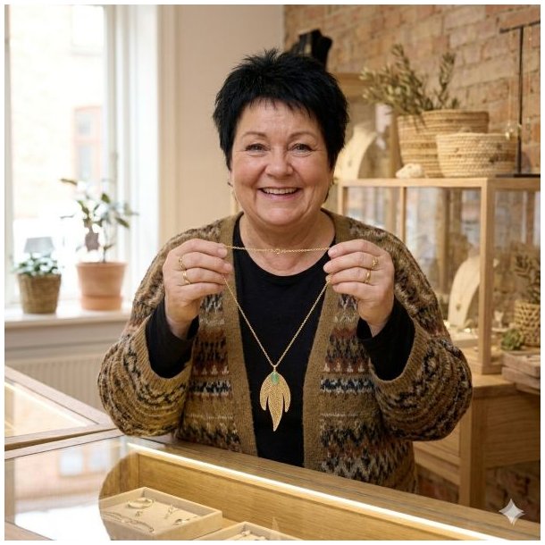 En smilende, �ldre kvinde med kort sort h�r st�r i en smykkeforretning og viser den forgyldte La Vida guldhalsk�de med det trebladede tr�dnet-vedh�ng og den gr�nne stenperle frem.