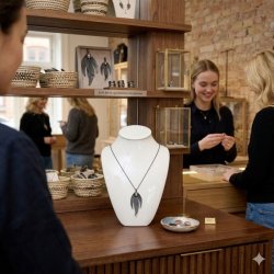K�bsklart produktbillede af den unikke sorte La Vida halsk�de med trebladet vedh�ng og m�rkrosa sten, pr�senteret p� en porcel�nsbuste i en stemningsfuld smykkebutik med udstillede smykker og kunder i baggrunden.
