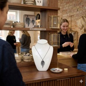 K�bsklart produktbillede af den unikke sorte La Vida halsk�de med trebladet vedh�ng og m�rkrosa sten, pr�senteret p� en porcel�nsbuste i en stemningsfuld smykkebutik med udstillede smykker og kunder i baggrunden.