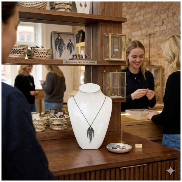 K�bsklart produktbillede af den unikke sorte La Vida halsk�de med trebladet vedh�ng og m�rkrosa sten, pr�senteret p� en porcel�nsbuste i en stemningsfuld smykkebutik med udstillede smykker og kunder i baggrunden.