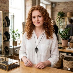 En ung kvinde med skulderlangt, r�dt kr�llet h�r og en hvid skjorte b�rer den sorte La Vida halsk�de med det trebladede tr�dnet-vedh�ng og den helt sorte stenperle i en smykkebutik.