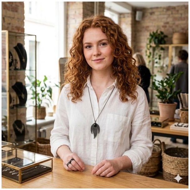 En ung kvinde med skulderlangt, r�dt kr�llet h�r og en hvid skjorte b�rer den sorte La Vida halsk�de med det trebladede tr�dnet-vedh�ng og den helt sorte stenperle i en smykkebutik.